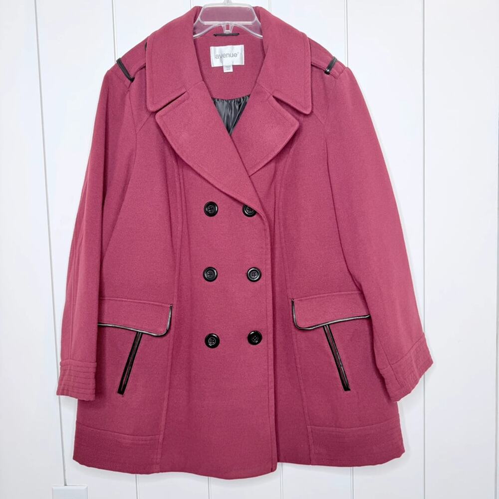 Burgundy Double Breasted Coat Plus Size 26/28 Pleather Trim